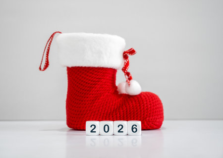 Number 2026 on white cube blocks beside red Christmas stocking boot with white fur trim and festive ribbon on white background. Ideal for Merry Christmas and Happy New Year holiday celebrations.の写真素材