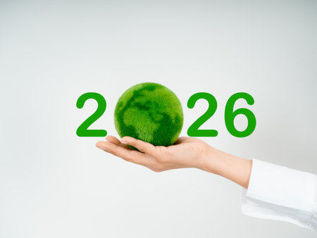 Hand holding green earth ball with number 2026, symbolizing New Year, eco-friendly goals, and environmental sustainability. Perfect for green initiatives, future planning and climate awareness themes.の写真素材