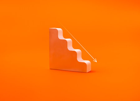 Abstract downward graph concept with minimalist stair block and arrow on orange background, symbolizing recession, financial loss, economic decline, crisis trends, and negative business performance.の写真素材