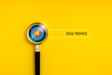 Magnifying glass focused on modern 3d target icon with arrow and 2026 Trends text in search bar on...