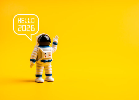 Cute astronaut figure waving with speech bubble âHello 2026â on yellow background with copy space. Futuristic and minimal new year greeting concept for 2026. Creative space-themed celebration idea.の写真素材
