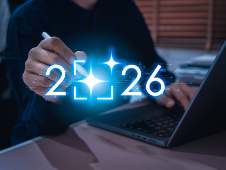 2026 new year number with glowing AI-generated icon highlighted by businessman using digital pen,...