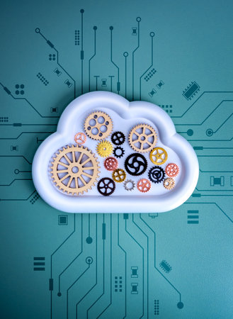 AI cloud computing and system workflow concept with cloud shape filled with gears on technology circuit background. Represents automation, infrastructure, digital integration, and data processing.の写真素材