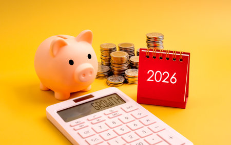 Financial growth planning concept for new year 2026 with red table calendar, piggy bank, coins...