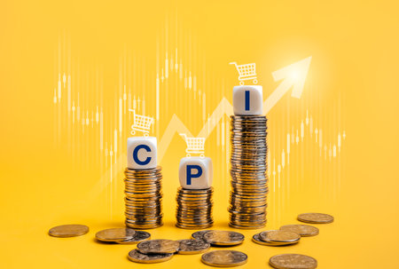 Concept of CPI (Consumer Price Index) with stacked coins, financial chart, and rising arrow. Represents inflation, economic indicators, consumer spending, cost of living, and financial market trends.の写真素材