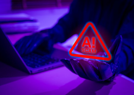 Gloved hand holding scam warning hologram with laptop in background, representing AI scam alert, cybercriminal activity, fraud detection, and technology-based scams using artificial intelligence.の写真素材