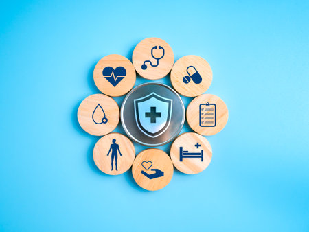Healthcare and medical service concept with hospital service check icons surrounding safety shield symbol on blue background, representing health protection, patient care, and medical insurance.の写真素材