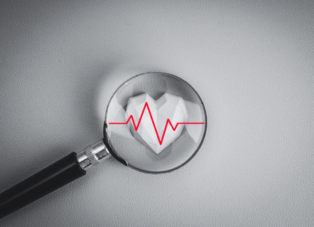 Magnifying glass focusing on white geometric heart with red heartbeat line represents heart health checkup, medical monitoring, cardiology diagnostics, healthcare awareness and heart rate examination.の写真素材