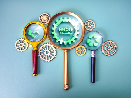 Magnifying glasses with eco icons and gears represent eco-friendly system management, green technology, environmental conservation cooperation, sustainable process, and efficient recycling mechanisms.の写真素材