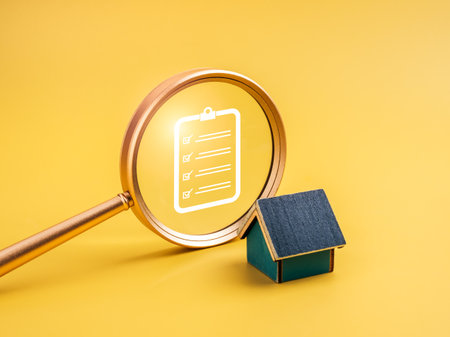 Magnifying glass highlighting checklist icon focus on minimal house model on yellow background. Concept of property inspection, real estate evaluation, home buying checklist, and investment decision.の写真素材