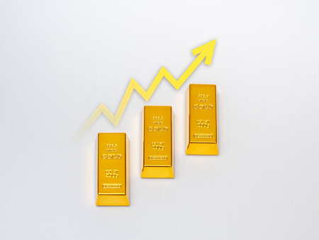 Gold bars with upward arrow graph symbolize rising gold prices, strong investment returns, and market growth. Ideal for financial themes, wealth planning, and gold investment strategy content.の写真素材