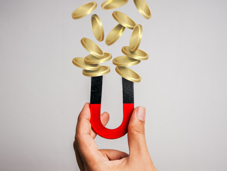 Hand holding magnet attracting 3d golden coins symbolizes efficient income generation, passive income strategy, business growth, financial success, digital marketing, and money attraction concept.の写真素材