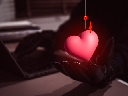 Romance scam concept showing hacker hand showing 3d heart with phishing hook, symbolizing online love fraud, emotional manipulation, scammer and cybercrime targeting victims through dating platforms.の写真素材