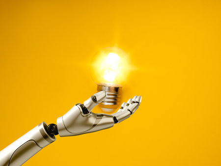 Robot hand holding glowing light bulb symbolizes artificial intelligence, innovation, smart technology, machine learning creativity, and efficient AI-powered problem-solving and decision-making.の写真素材