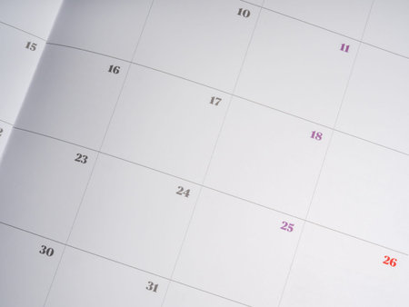 Close-up of monthly calendar page with visible dates, representing schedule planning, appointment setting, deadline reminders, time management, and event organization in personal or professional life.の写真素材