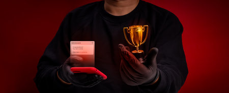 Scammer holding red smartphone displaying fake url link, prize SMS beside gold trophy, illustrating smishing, SMS scam, phishing, online fraud, reward scam, cybercrime, and mobile security awareness.