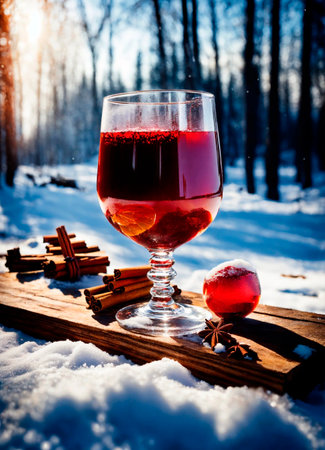 glasses with mulled wine and spices. Selective focus.の素材