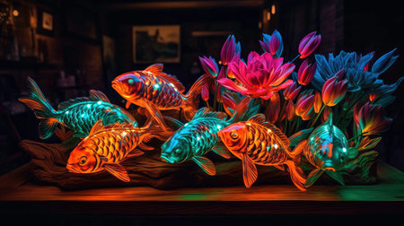 AI Made Image of Neon Abstraction with Flowers and Fishの素材