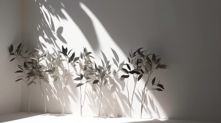 A white room with a touch of nature: green branches and leaves AI generatedの素材