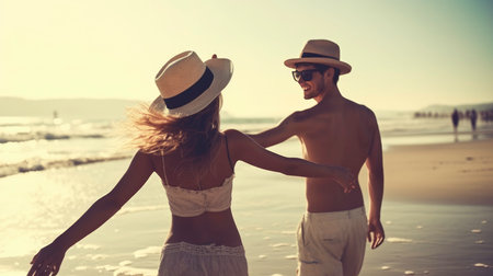 Loving Couple Enjoying Summer at the Beach - AI Generatedの素材