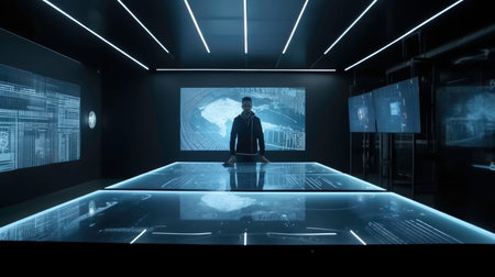 Holograms and touch control in a futuristic control center - AI generatedの素材