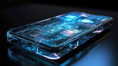 AI Created Image of a Smartphone with Holograms and Effects in a Dark Roomの素材
