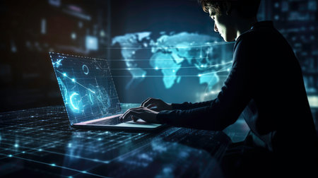 A programmer exploring the possibilities of a laptop and holograms AI generatedの素材