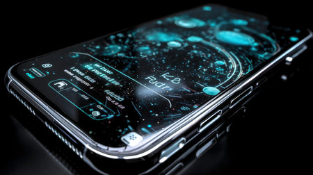 AI Made Image of a Smartphone with Holographic Effects in a Dark Interiorの素材