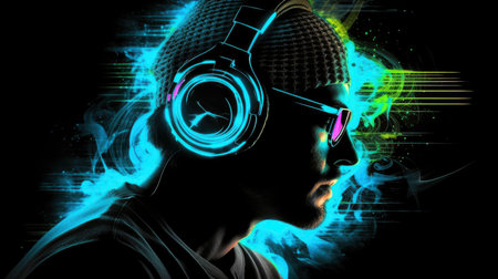 Neon Style DJ on Dark Background - AI Generatedの素材