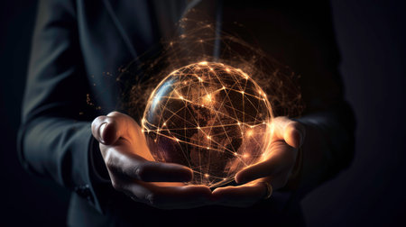 Futuristic Hologram of a World Map in Businessman's Hand - AI Generatedの素材