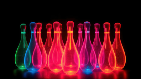 Bowling pins in neon colors AI generatedの素材