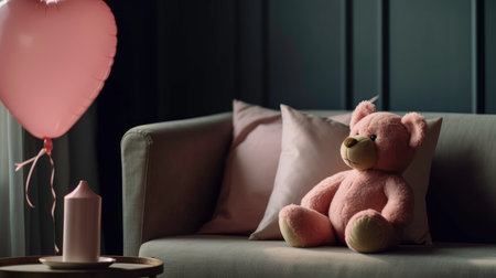 A plush bear and a pink balloon in a cozy room - AI generatedの素材