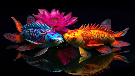 AI Generated Image of Fantasy Neon Flowers and Fishの素材