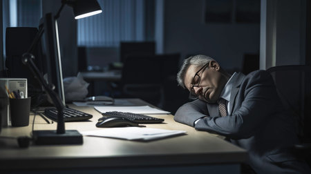 A person sleeping at the computer after working late at night - AI generatedの素材