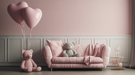 A room with a plush bear holding a pink balloon - AI generatedの素材