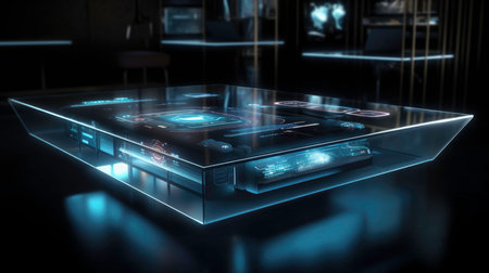 Holographic and touch technology in a futuristic control center - AI generatedの素材