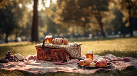 A Picnic in a Park with a Basket Full of Food and Wine AI Illustrationの素材
