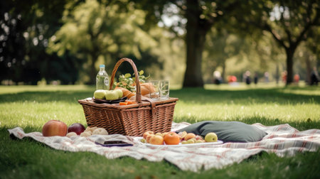 A Nature Scene with a Picnic Set Up on a Sheet in a Park AI Illustrationの素材