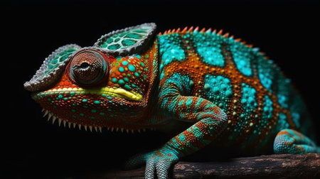 Colorful Chameleon on a Black Background: AI-Generated Illustrationの素材