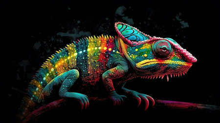 The Art of Camouflage: A Design Concept of a Colorful Chameleon on a Black Background Generated by AIの素材