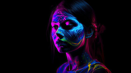 A Creative Concept of a Face with Neon Glow in the Darkness: A Photo Generated by AIの素材