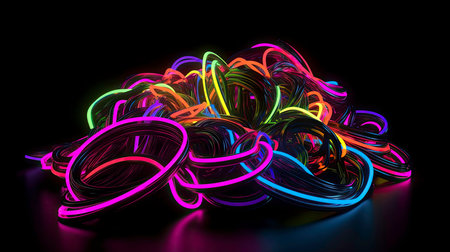 The Abstract Art of Neon Lines and Circles on a Dark Background: A Picture Created by AIの素材