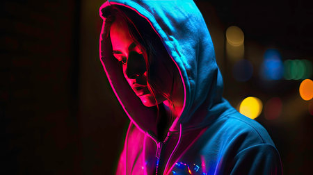 Face in the Darkness with Neon Glow: AI-Generated Imageの素材