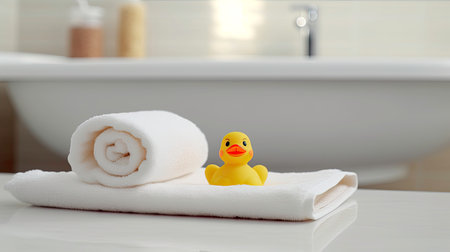 Fresh and Clean Bathroom with Folded Towels and Duck Decor: AI Generated Illustrationの素材