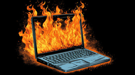 Fire Challenge and Reliability Concept for Laptop: Illustration Generated by AIの素材
