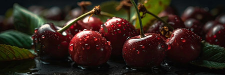 A Dewy and Delicious Banner: An Image of Red Cherries Generated by AIの素材