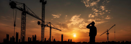 A Builder on a Sunset Sky: A Construction Site Banner Generated by AIの素材