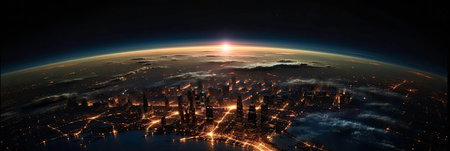A Planet in the Dusk: A Sunset Sky and a Night Surface Generated by AIの素材