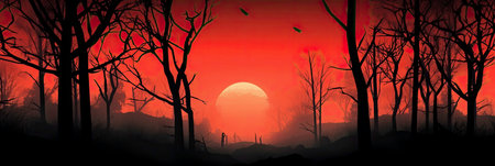 A Contrast of Light and Dark: A Sunset Sky and a Forest Silhouette Generated by AIの素材