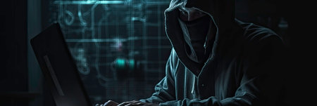 Hacker in a Mask and Hood Breaching a System AI Generatedの素材